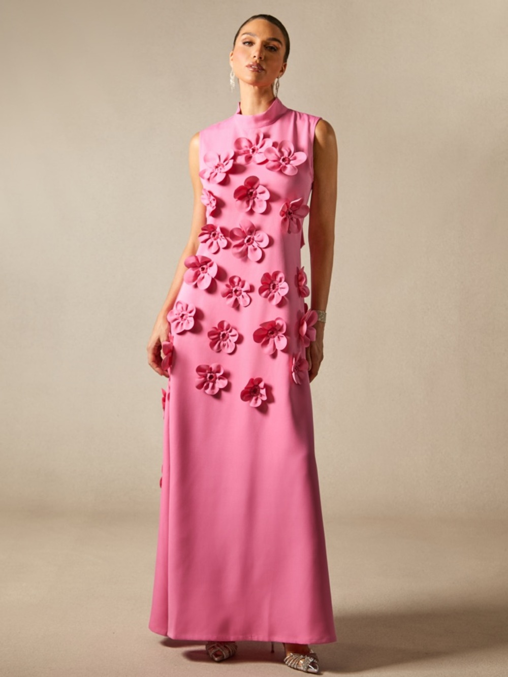 High-Neck Pink Maxi Dress with 3D Floral Accents